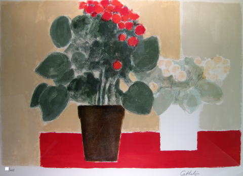 カトラン　赤いテーブルのベゴニア　絵画（リトグラフ）作品